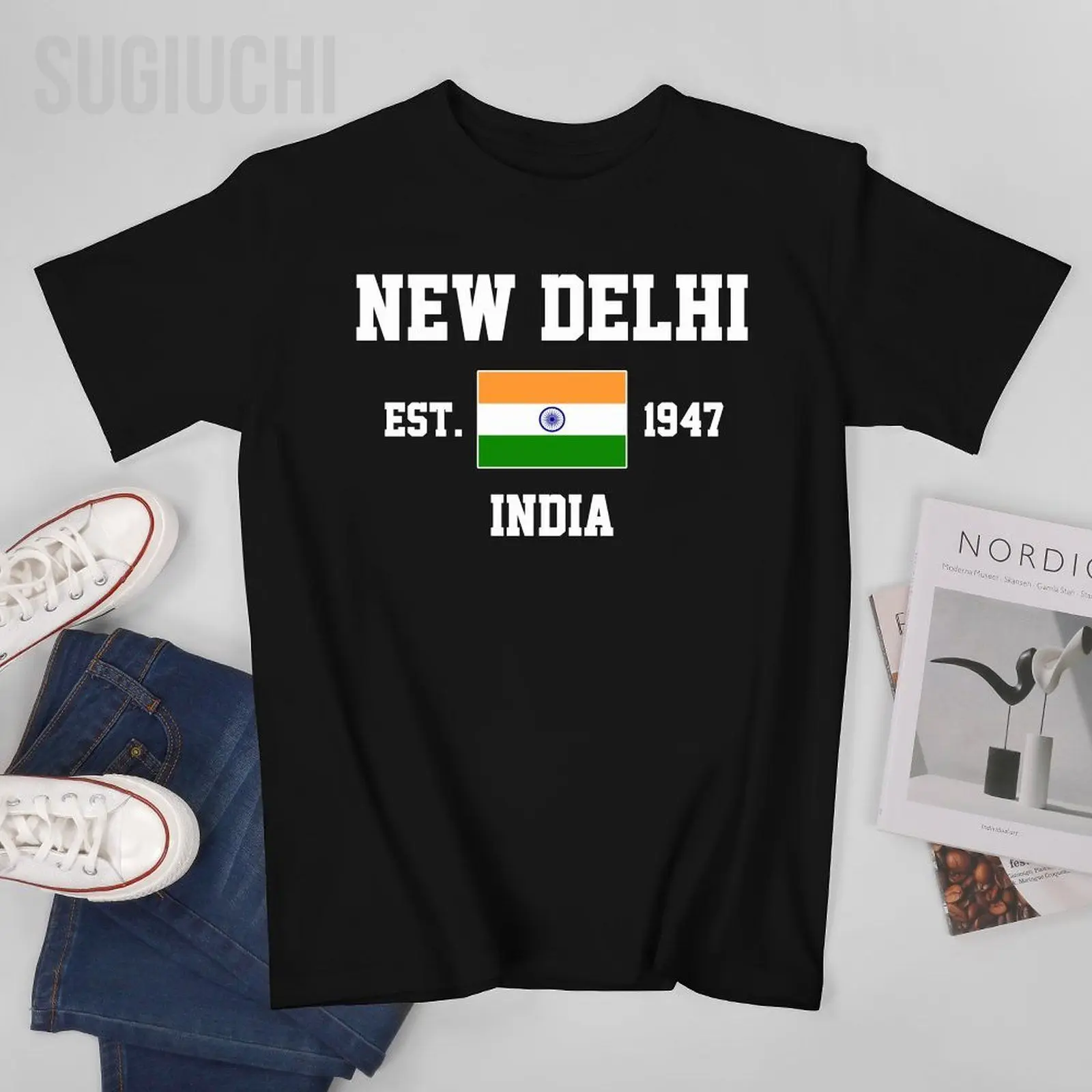 Bandera patriótica India EST.1947 nueva Delhi hombres camiseta camisetas cuello redondo camisetas mujeres niños ropa 100% algodón