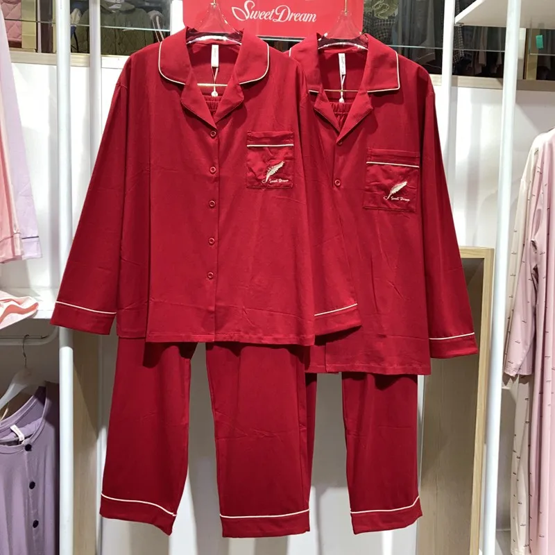 comfortable-knitted-cotton-pajamas-set-for-couples-spring-new-arrival-red-festive-suitable-for-men-and-women-home-wear