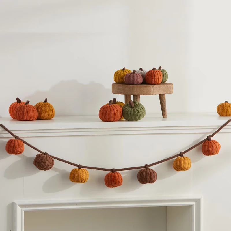 

Knit Pumpkin Garland for Mantel Halloween Autumn Mantel Bookshelf Decoration Holiday Party Accessories Baby Shower Birthday Gift