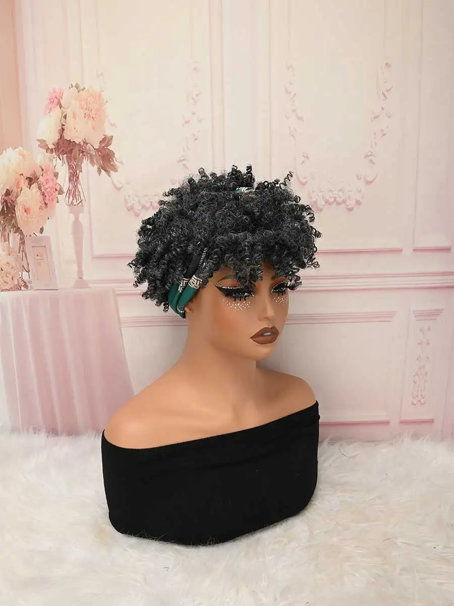Grey‑Black Kinky Curly Headband Wig with Green African Print Turban Heat‑Resistant Synthetic Glueless Short Afro Wig - view 3