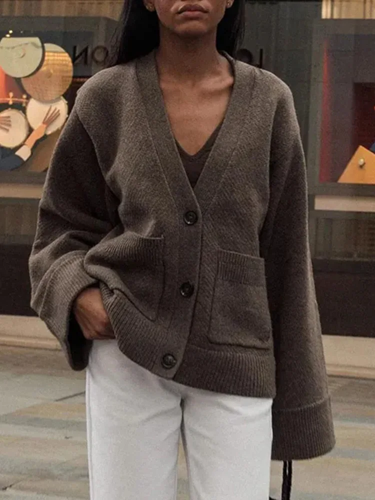 Fashion Solid Women V Neck Knitted Vintage Cardigan Single Breasted Long Sleeve Sweater 2024 Autumn Female Knitwear Cardigan