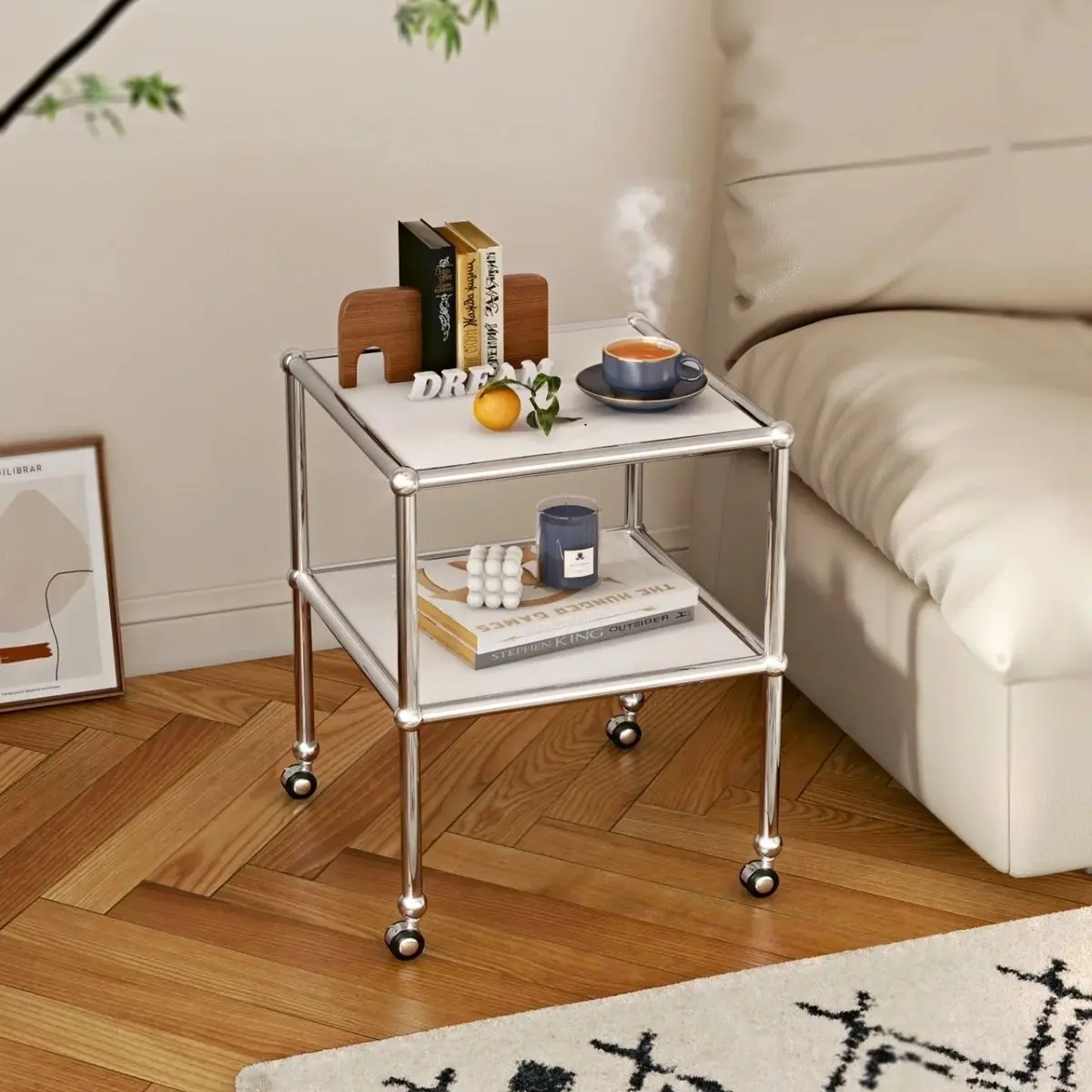 

Mid-Century Stainless Steel Rolling Cart - 2-Tier Small Bedside Table Mobile Sofa Side Table Office Storage Rack Furniture