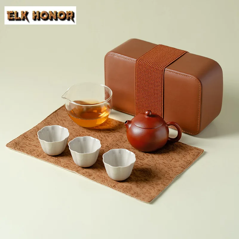 

Purple Clay Zhu Mud Xishi Teapot Travel Tea Set Kit Zen 1 Pot 3 Cups Tea Making Organizer Portable Picnic Stock Bags Collection