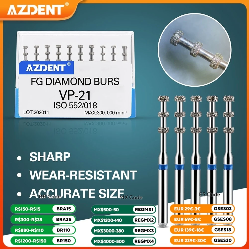 Dental FG Diamond Burs VP-21 AZDENT Preparation Depth Marking Medium Grit 1.6mm for High Speed Handpiece 300,000RPM Autoclavable