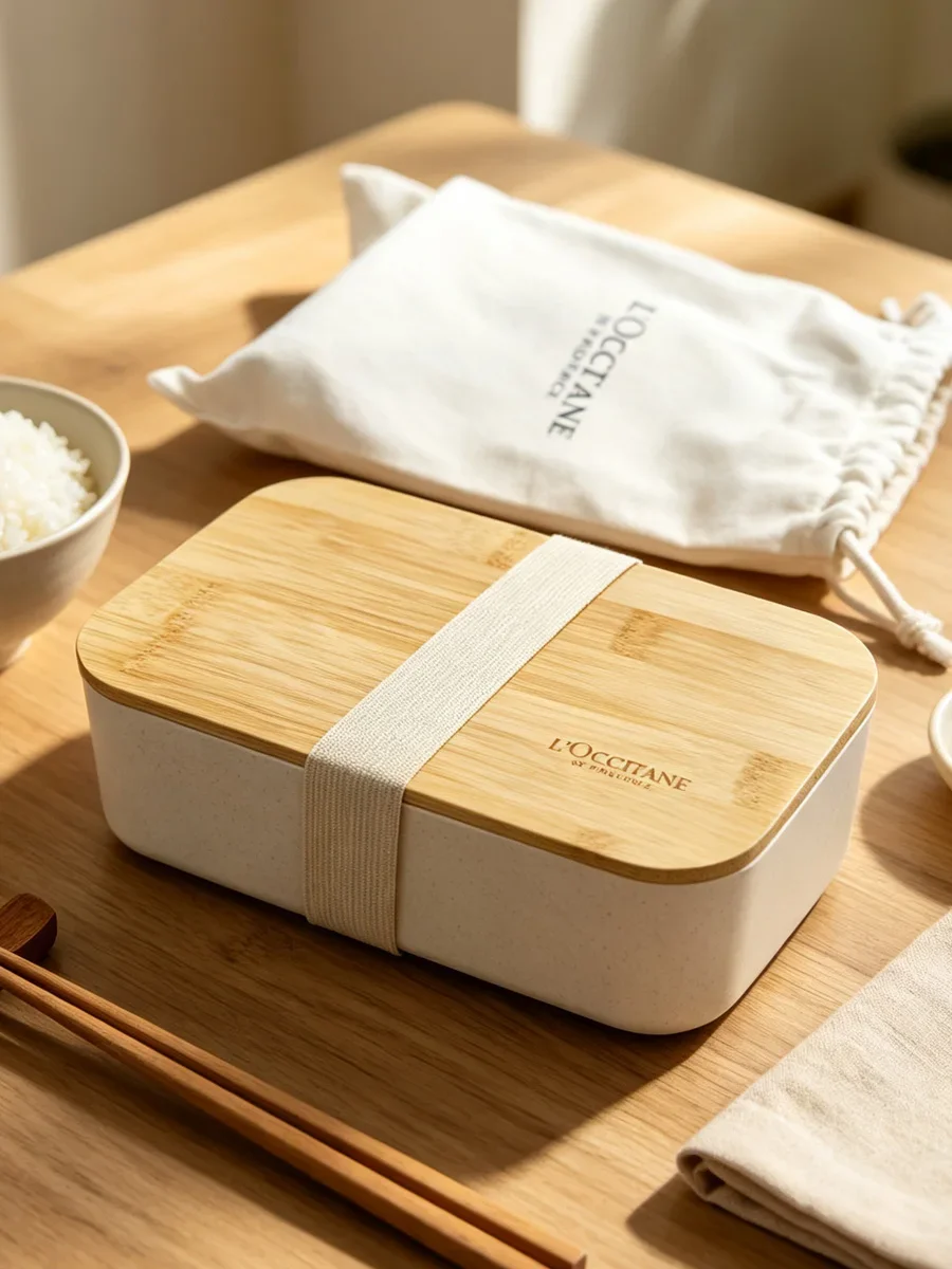 美容ギフト：l'occitaneの竹製蓋付き弁当箱-–-持ち運び可能な和風ランチボックス。スプーンとフォークが付属（旅行に最適）。