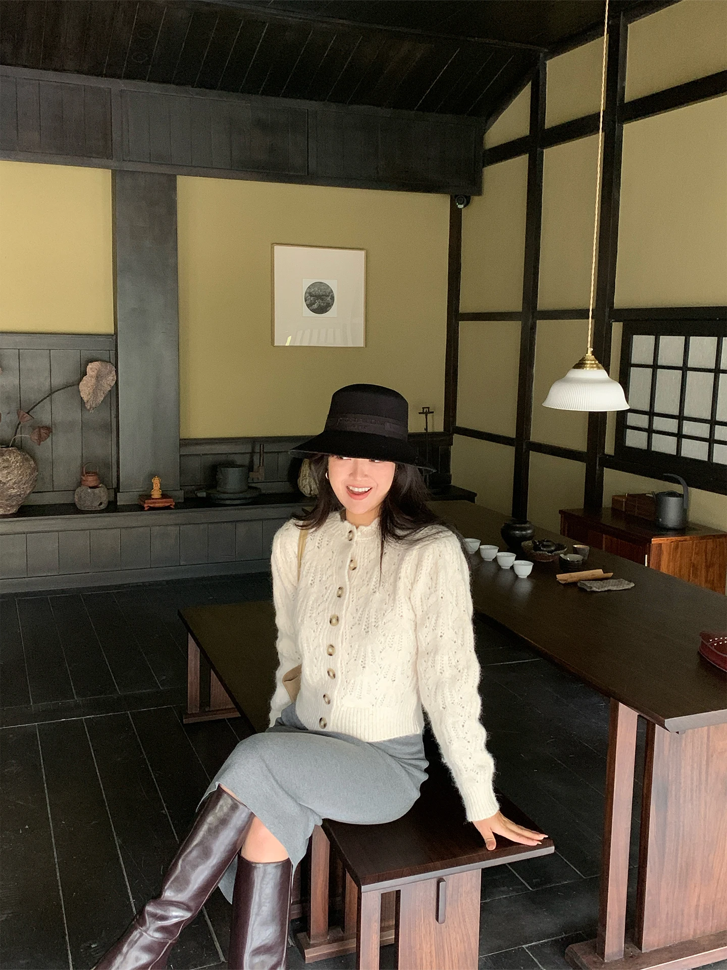 

Handmade Crocheted Hollow out Floral Pattern Button round Ne Open Cardigan Soft French Sle Knitted Sweater for Women