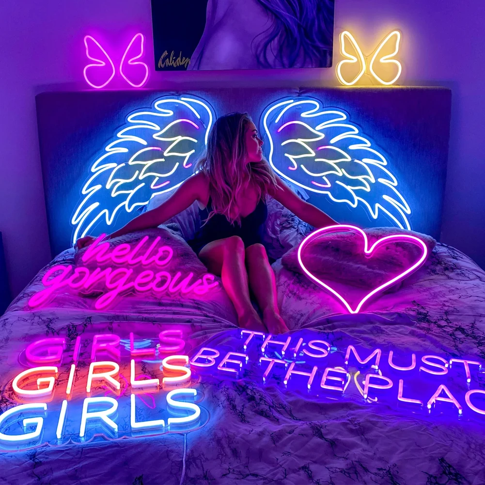 Angel Wings Neon Signs for Wall Decor, 27.6” Height Led Light signs for Wedding, Party, Bar, Bedroom, Valentine\'s Day, Christmas