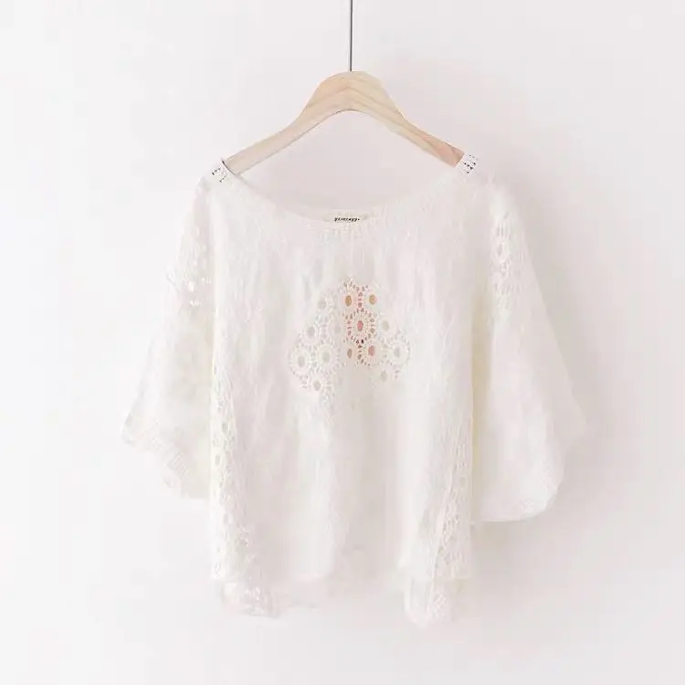 Women's Summer New Top Solid Sexy Round Neck Hollow Lace Short Sleeve Shirt Fashion Splice Plus Size Blouse Loose Tops Z122 view 4