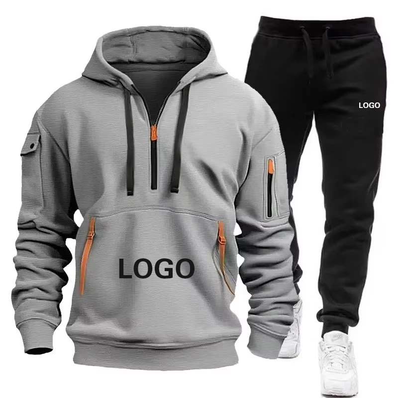 

Leisure Fitness Sports Suit Men's New Spring and Autumn Multi-pocket Zipper Hoodie + Sweatpants Two-piece Jogging Set Customized
