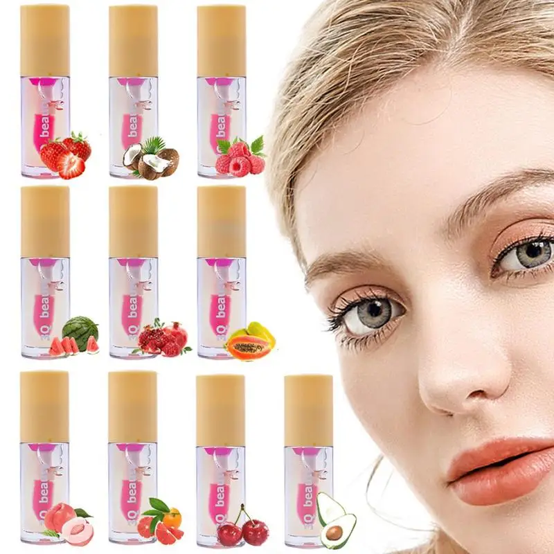 Brilhante fruta Flavored Hidratante Óleo, Brilho labial antiaderente, Mudando a cor, Sexy, 10pcs