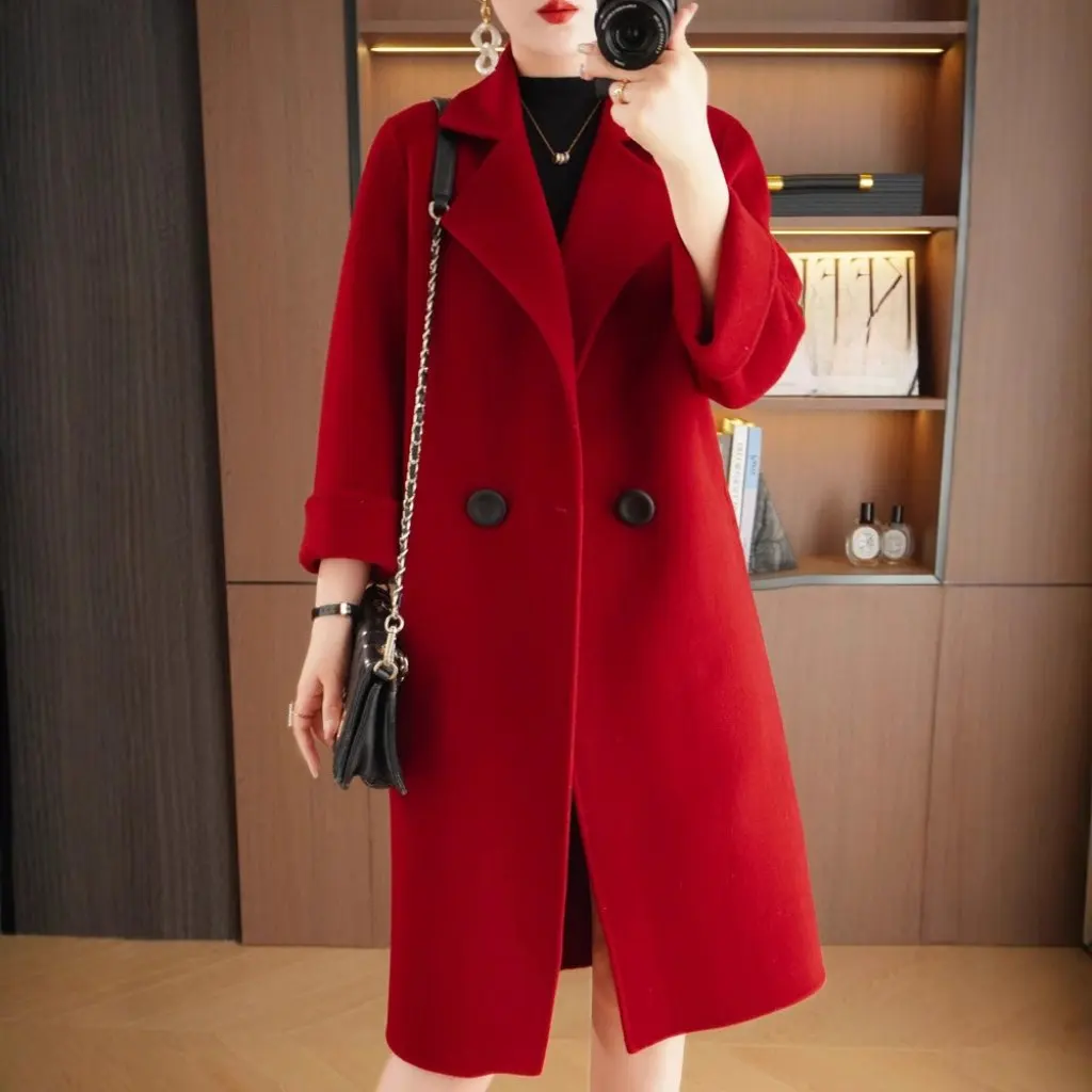 

Women's Double-Sided Tweed Woolen Coat 100% Wool Loose Fit Elegant Fashion Long Casual Suit for Autumn Winter