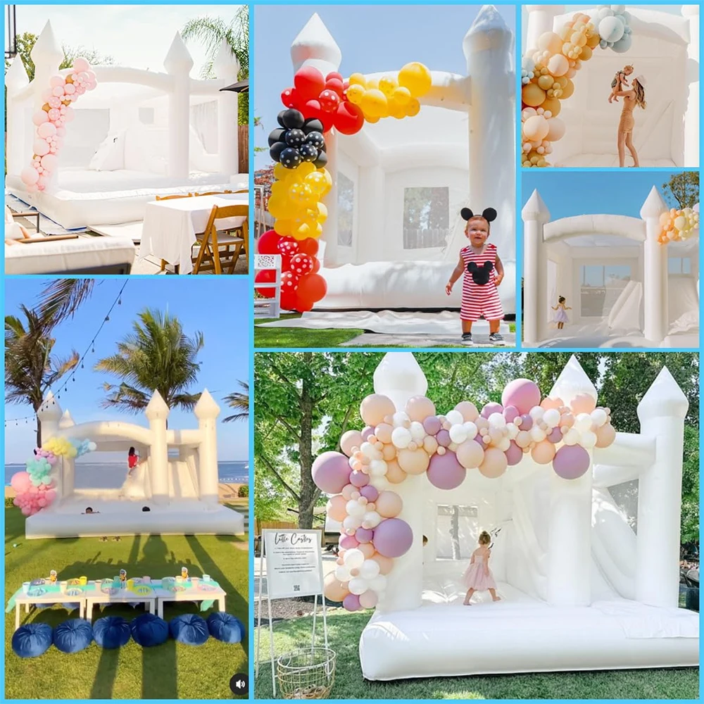 Casa de rebote blanca de PVC de 15 pies con tobogán y piscina de bolas, castillo inflable inflable de puente grande para decoración de bodas, cumpleaños y fiestas