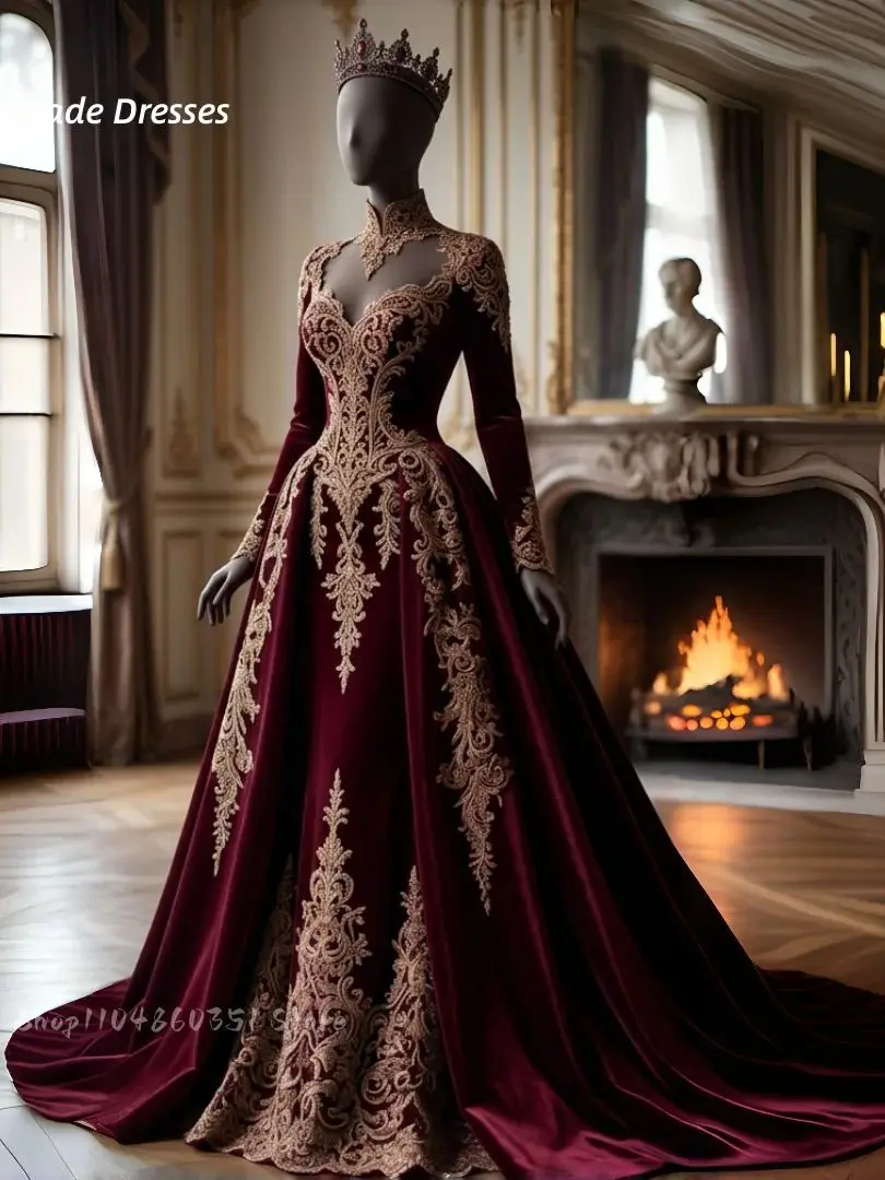 burgundy velvet wedding dress Custom-made Gothic pakistani wedding dresses online with Long Sleeves and Burgundy Velvet Lace Applique