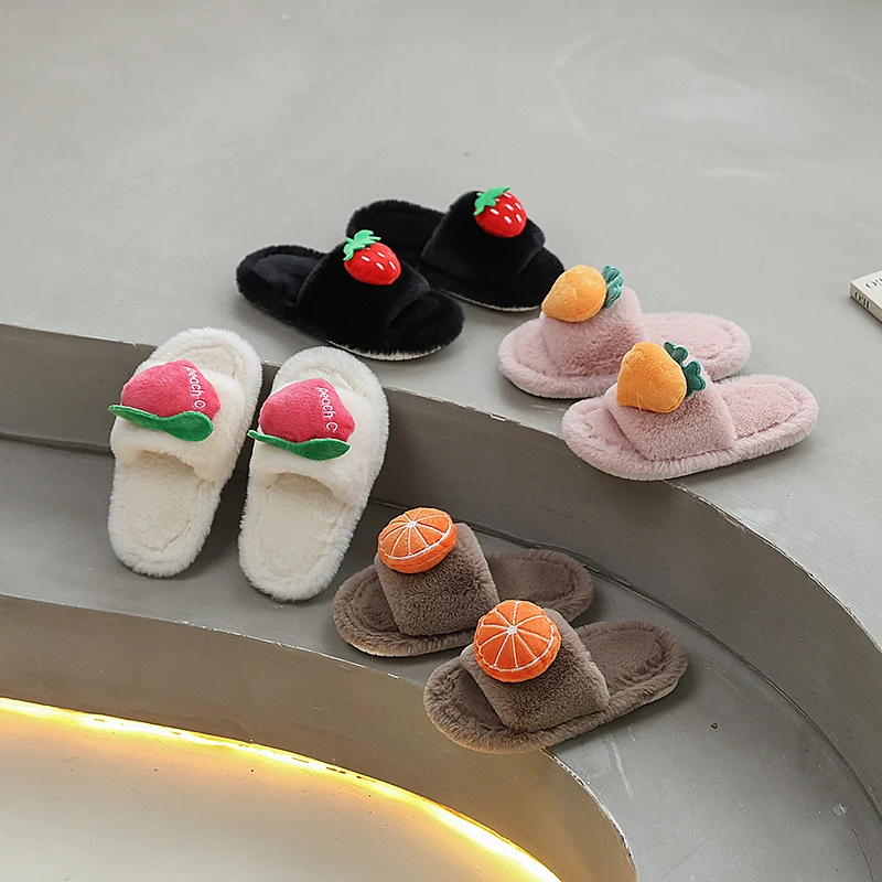 

Winter Children's Plush Slippers New Cute Fruit Fashion Girls Warm Indoor Flat Slippers Causal Furry Kids Home Cotton Slippers