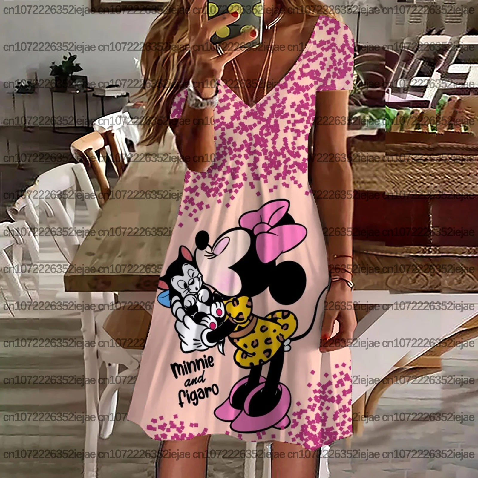 ディズニー ミッキーとミニー プリント レディース カジュアル ルーズ ドレス、クール バケーション トップ、レディース スリップ ドレス、ボヘミアン ビーチ ドレス