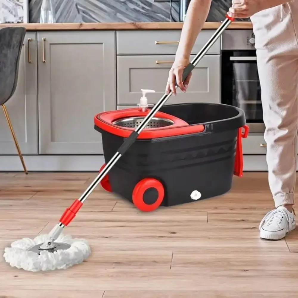 

360° Spin Mop Bucket System – Extendable Handle with 3 Microfiber Heads, Hands-Free Wringer for Fast Home Cleaning