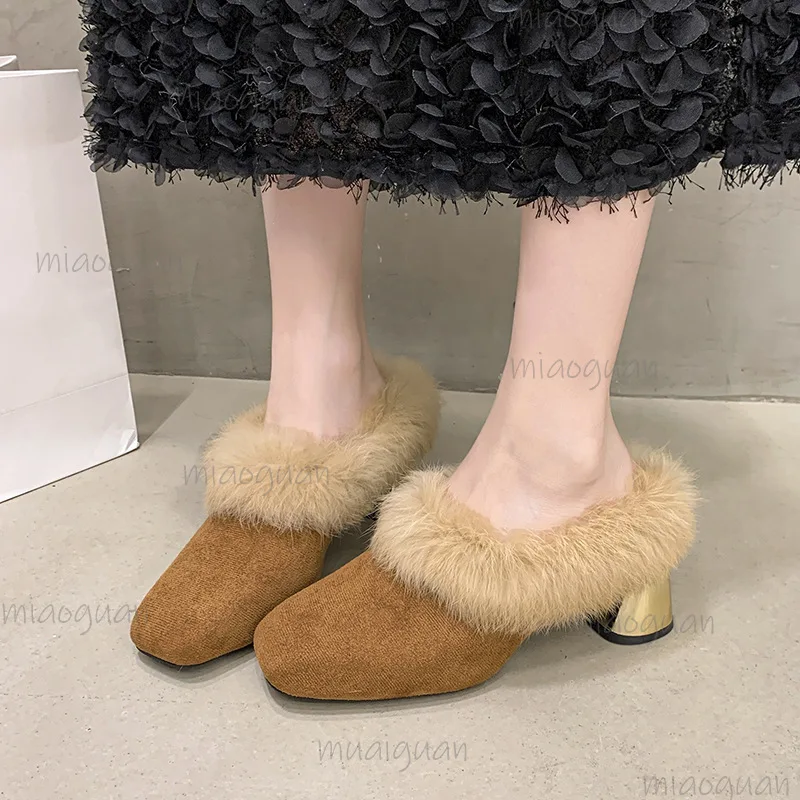 

Autumn Winter Women's Fuzzy Slippers High Heel Mules Chunky Heel Plush Slides French Style Luxury Cotton Slippers Elegant Shoes