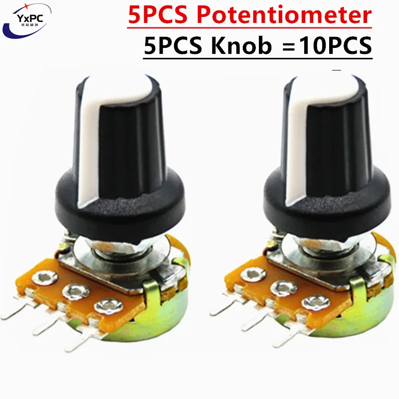 

5 Sets WH148 1K 10K 20K 50K 100K 500K Ohm 15mm 3 Pin Linear Taper Rotary Potentiometer Resistor for Arduino with AG2 White cap