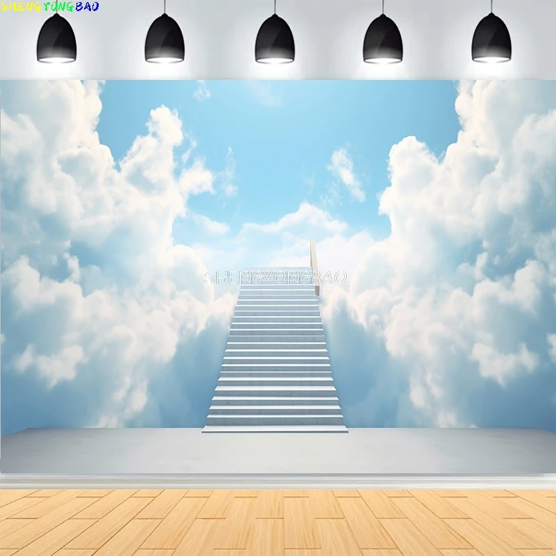 Radiant Sun Rays บันได Vivid Rainbow Blue Sky การถ่ายภาพฉากหลังเมฆสีขาวบันได Heaven Path ภาพพื้นหลัง KY-07