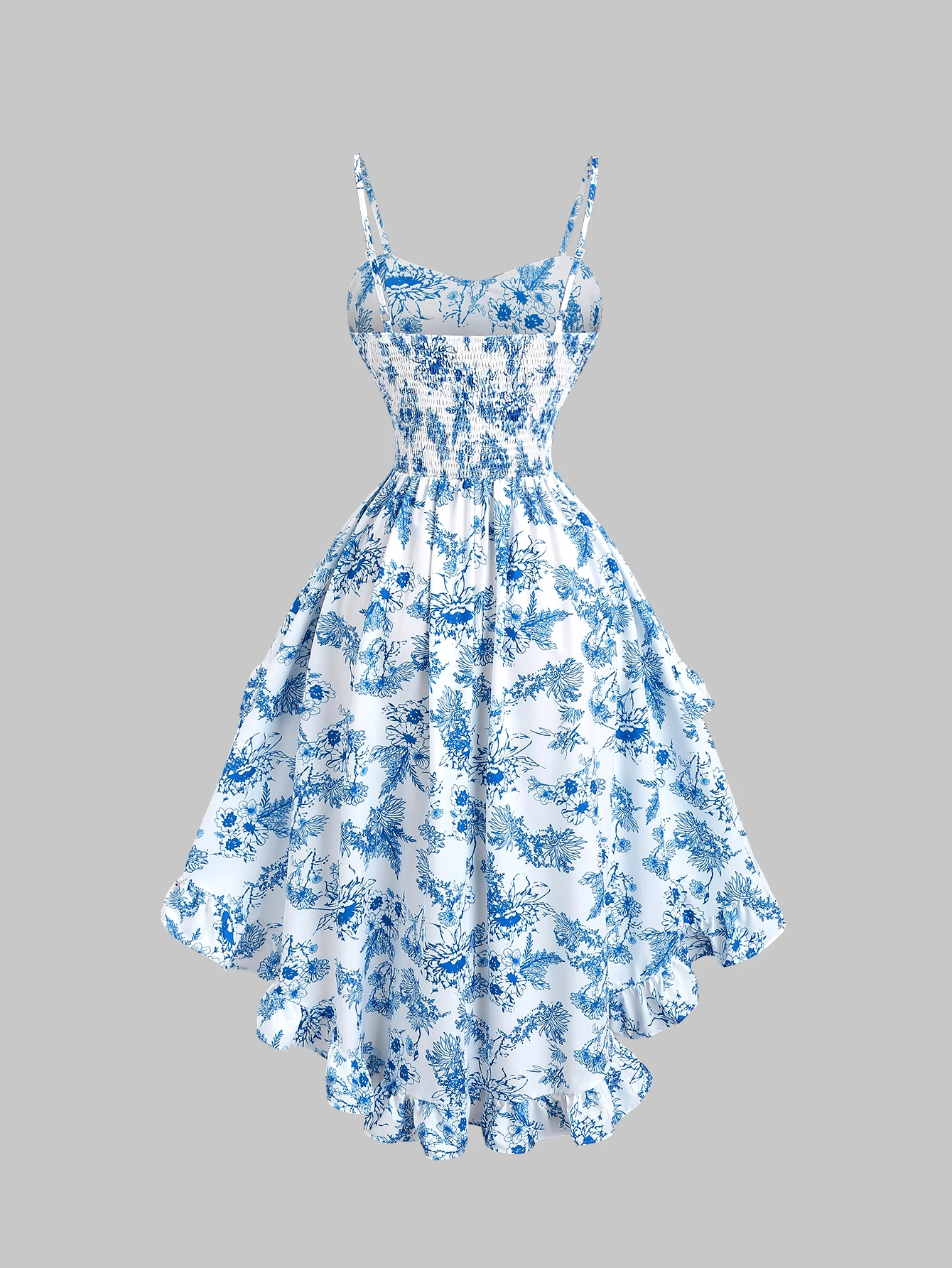 เดรสสายเดี่ยวพิมพ์ลายดอกไม้สีน้ำเงินขาว คอวีทรงหวาน เอวสูง กระโปรงบาน