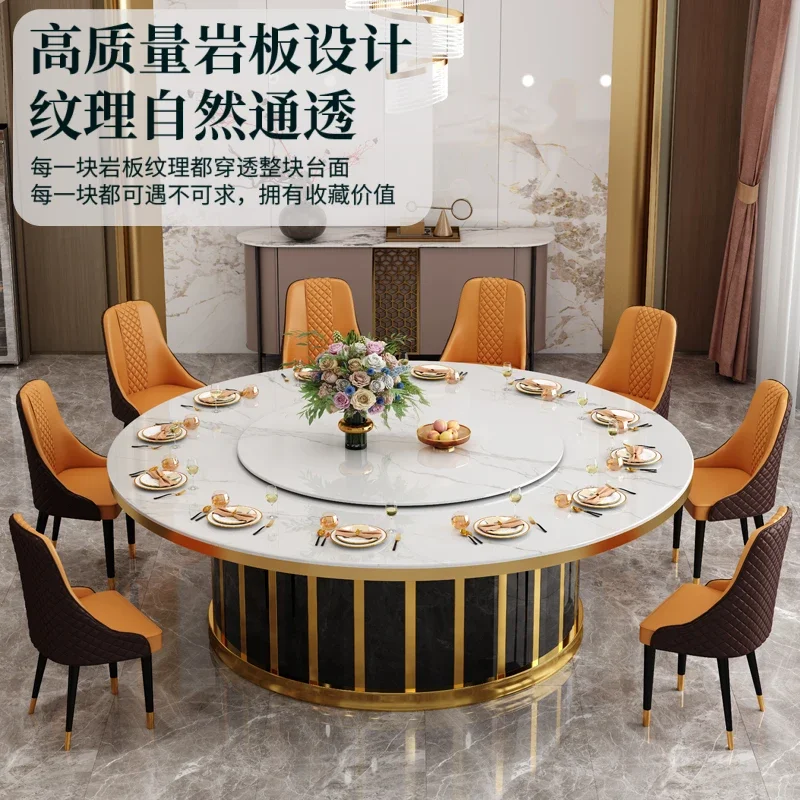 Hotel rock slab dining table, chairs, large round table, electric turntable customization