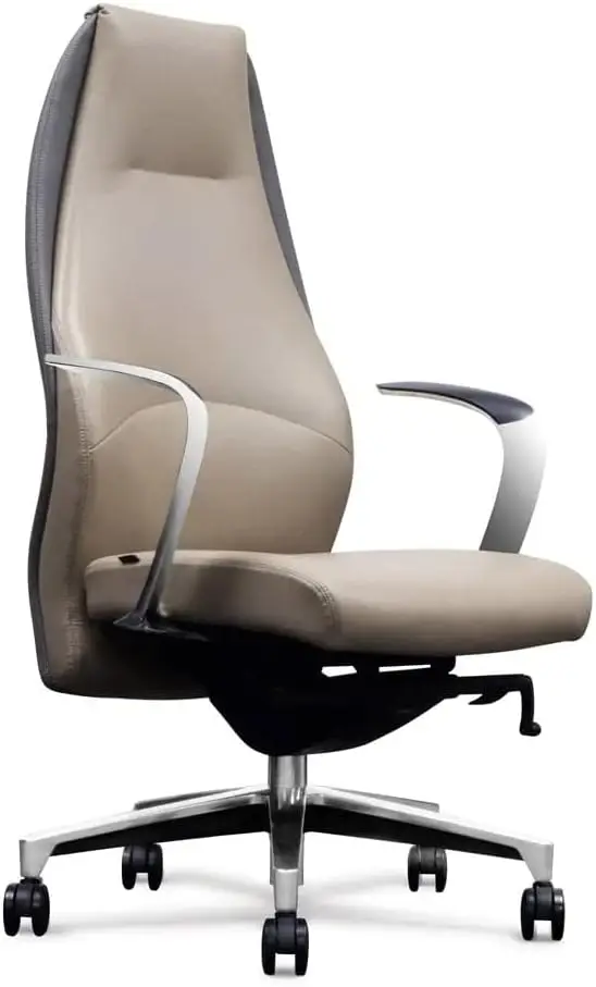 Furniture Wrigley Genuine Leather Aluminum Base High Back Executive Chair - Light Grey with Dark Grey Accent