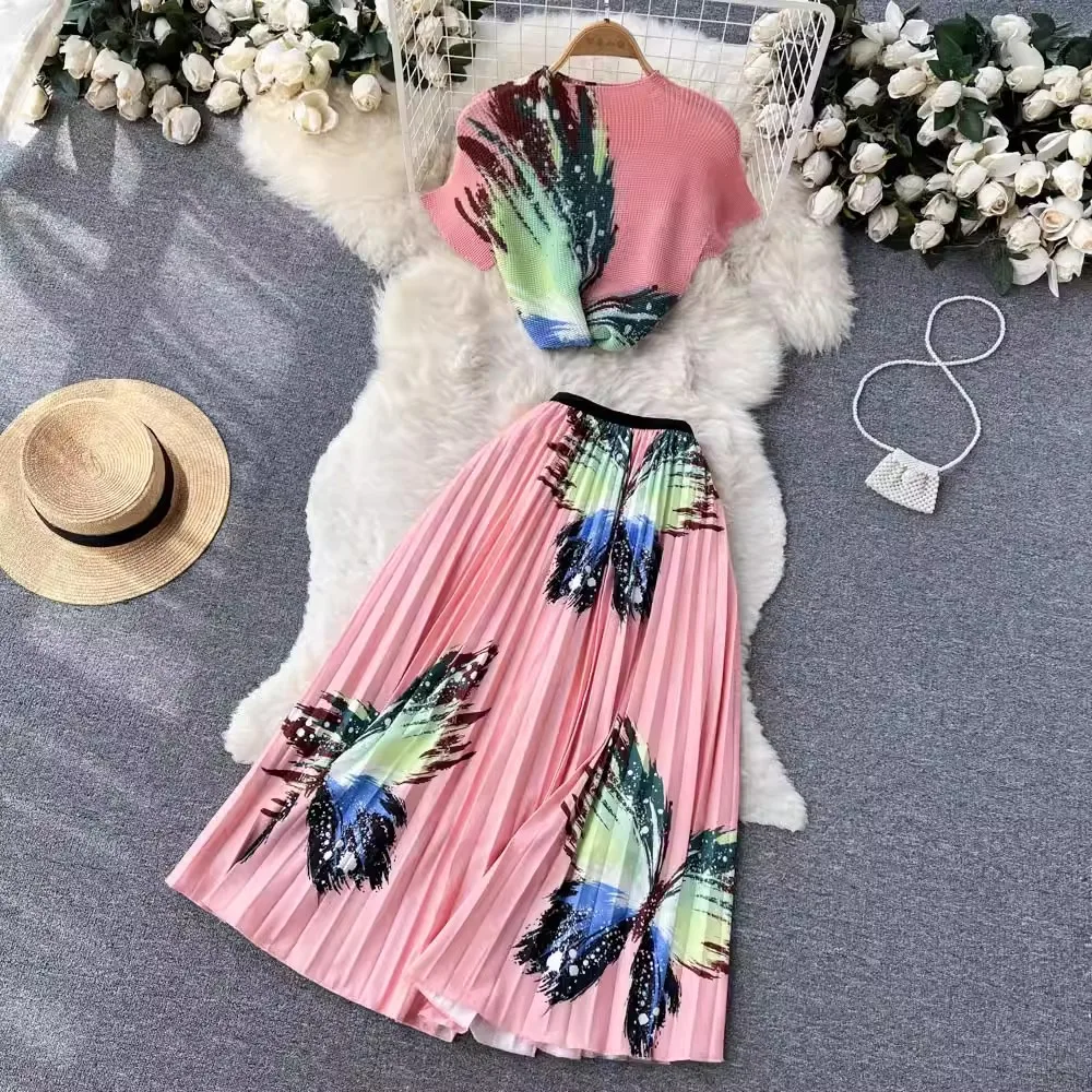 Sommer Strand Party Röcke Anzug Frauen elegante Hemden Blusen und plissierte Saya 2 Stück Set weibliche Boho Maxi Vintage Kleidung neu