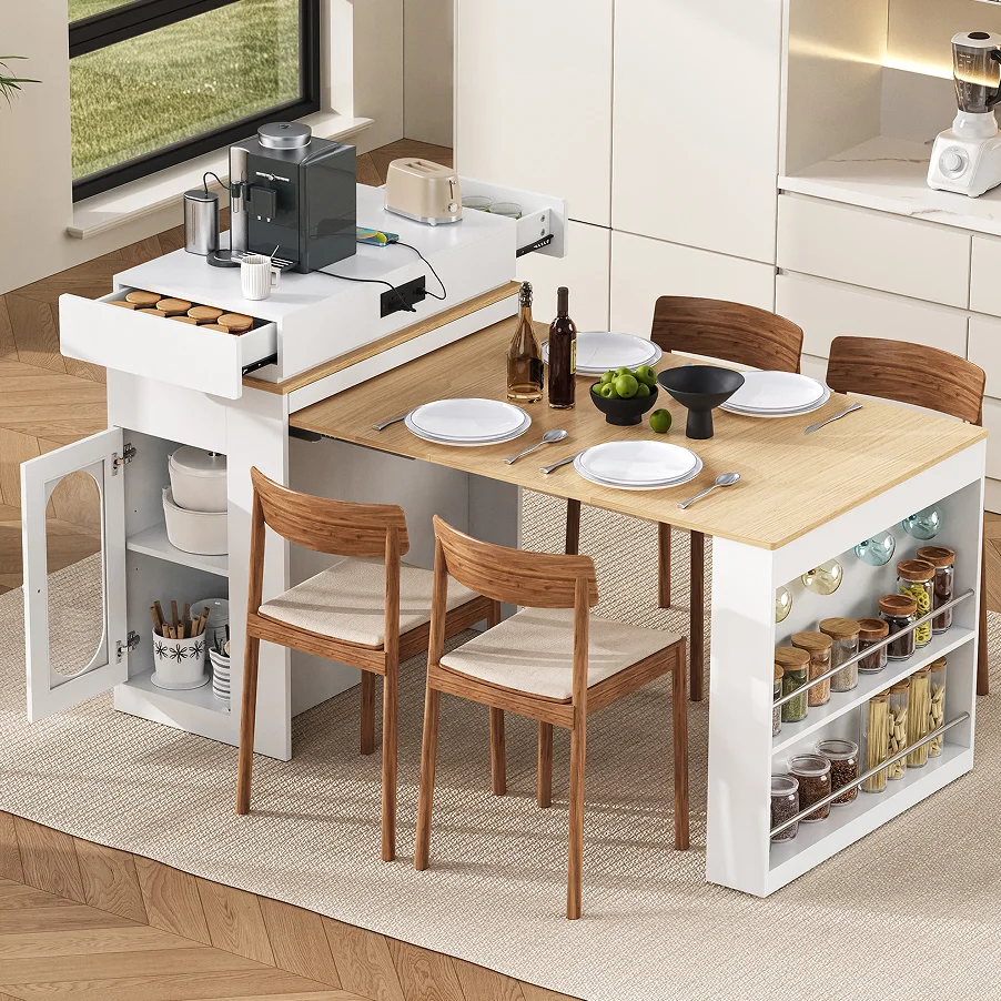 #Modern Kitchen Island Extendable Solid Dining Table  Panel Double-sided Storage 2 Drawers Power Outlet Side