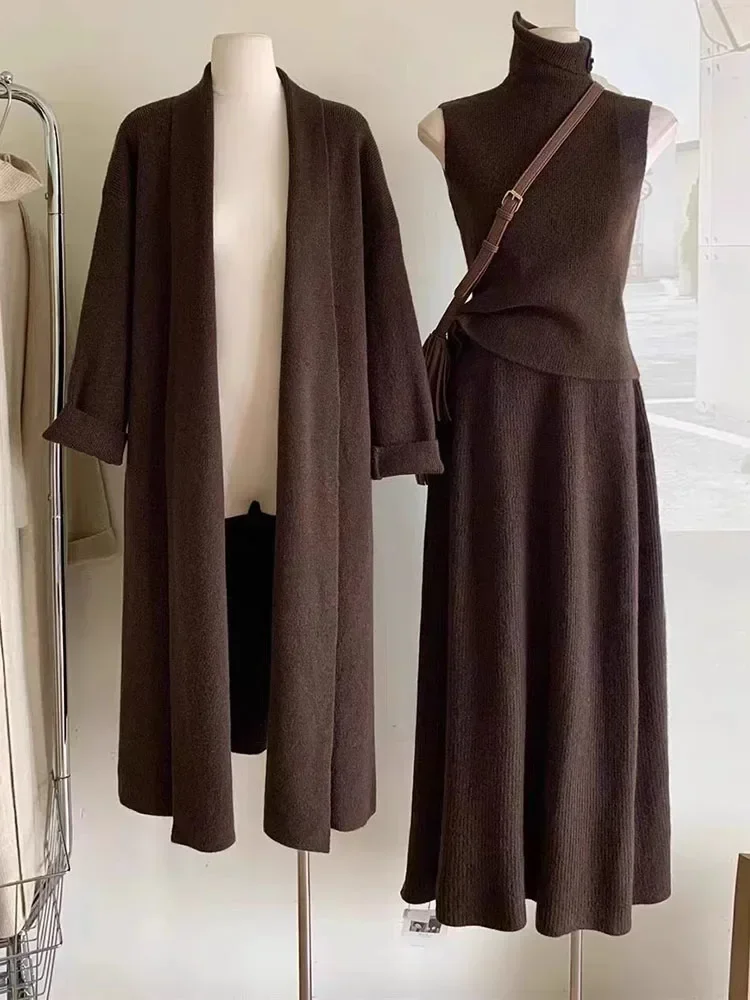 

Осень/зима, нежный стильный длинный свитер, вязаный кардиган, майка, макси-юбка, однотонный вязаный комплект из трех предметов для женщин