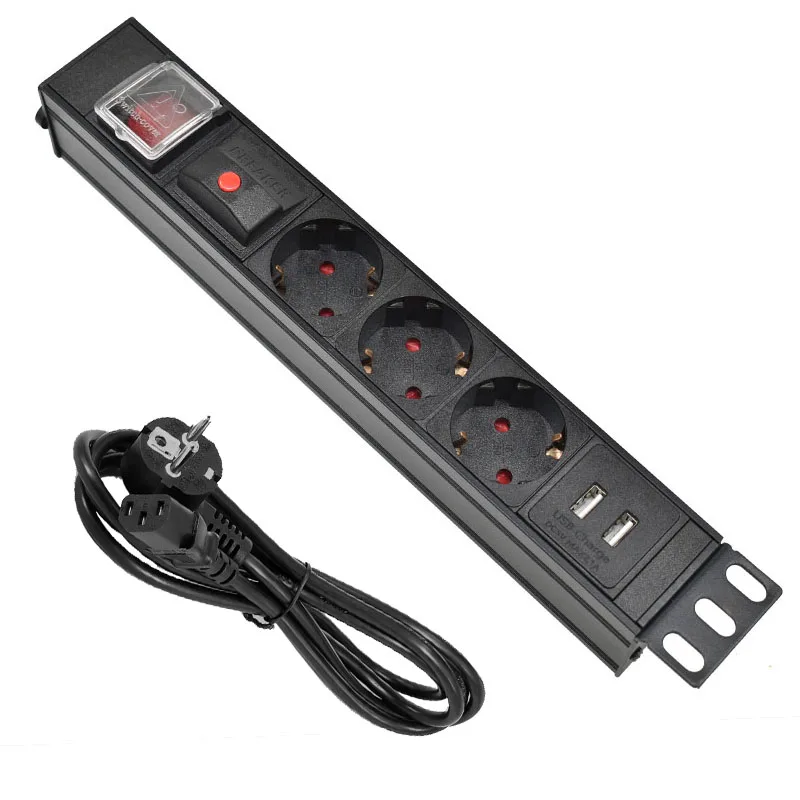 

PDU Power Strip Aluminum alloy 3 Way EU Power Strip Socket with IEC-C14 Port Outlet extend with USB Overload protection