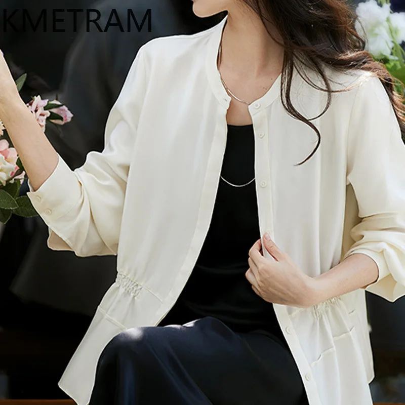 

KMETRAM 100% Mulberry Silk Shirt for Woman Elegant Cinched Waist Blouse Casual Ladies Tops Spring Women Clothes 2026 jirai kei