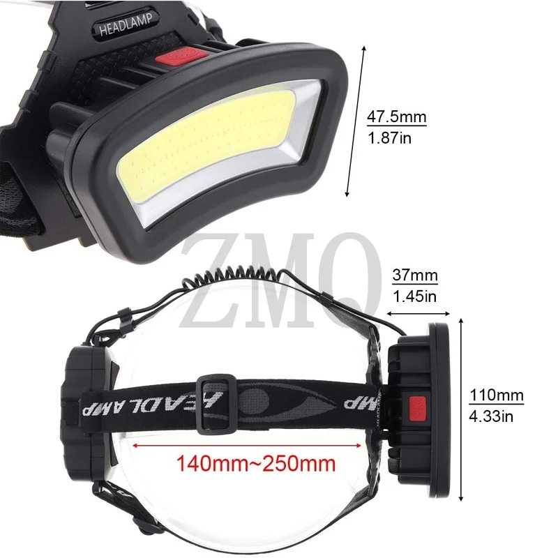 COB LED Wide Headlamp Wide Range Lighting USB Rechargeable LED Wide Angle Headlight with Battery Level Display 2*18650 Batteries