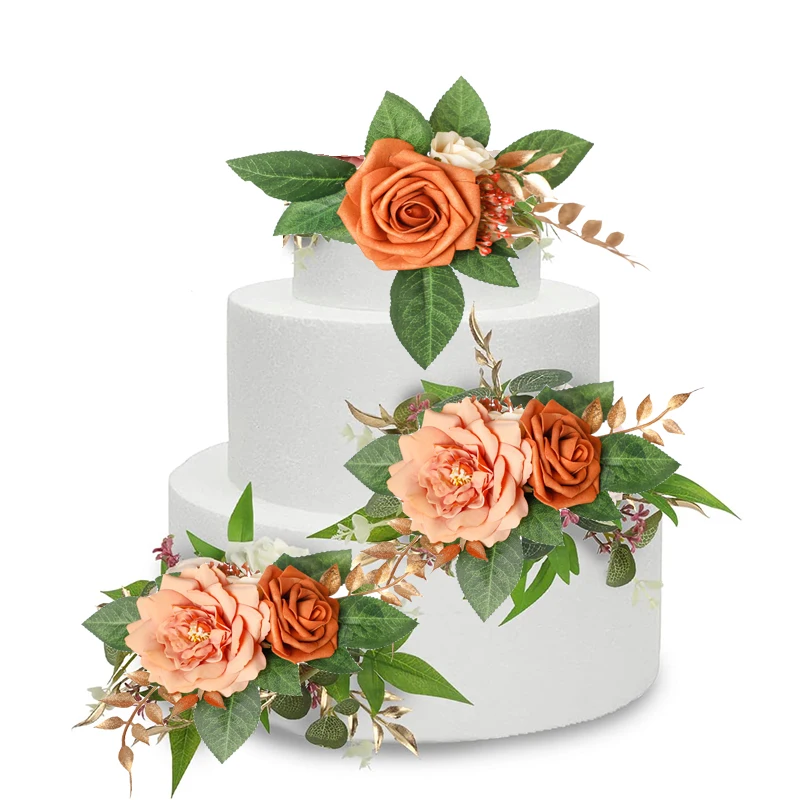 

Yannew Burnt Orange Fall Wedding Cake Flowers Decoration Artificial Rose Cake Topper for Birthday Baby Shower Rustic Wed Decors