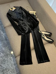 Designed Patchwork High Quality Velvet Lady Solid Office Suit Single Button Long Sleeve Blazer Flared Pants Women 2Pcs