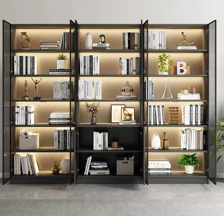 Glass door, light luxury bookcase, living room, floor to wall, dustproof bookcase, bookshelf