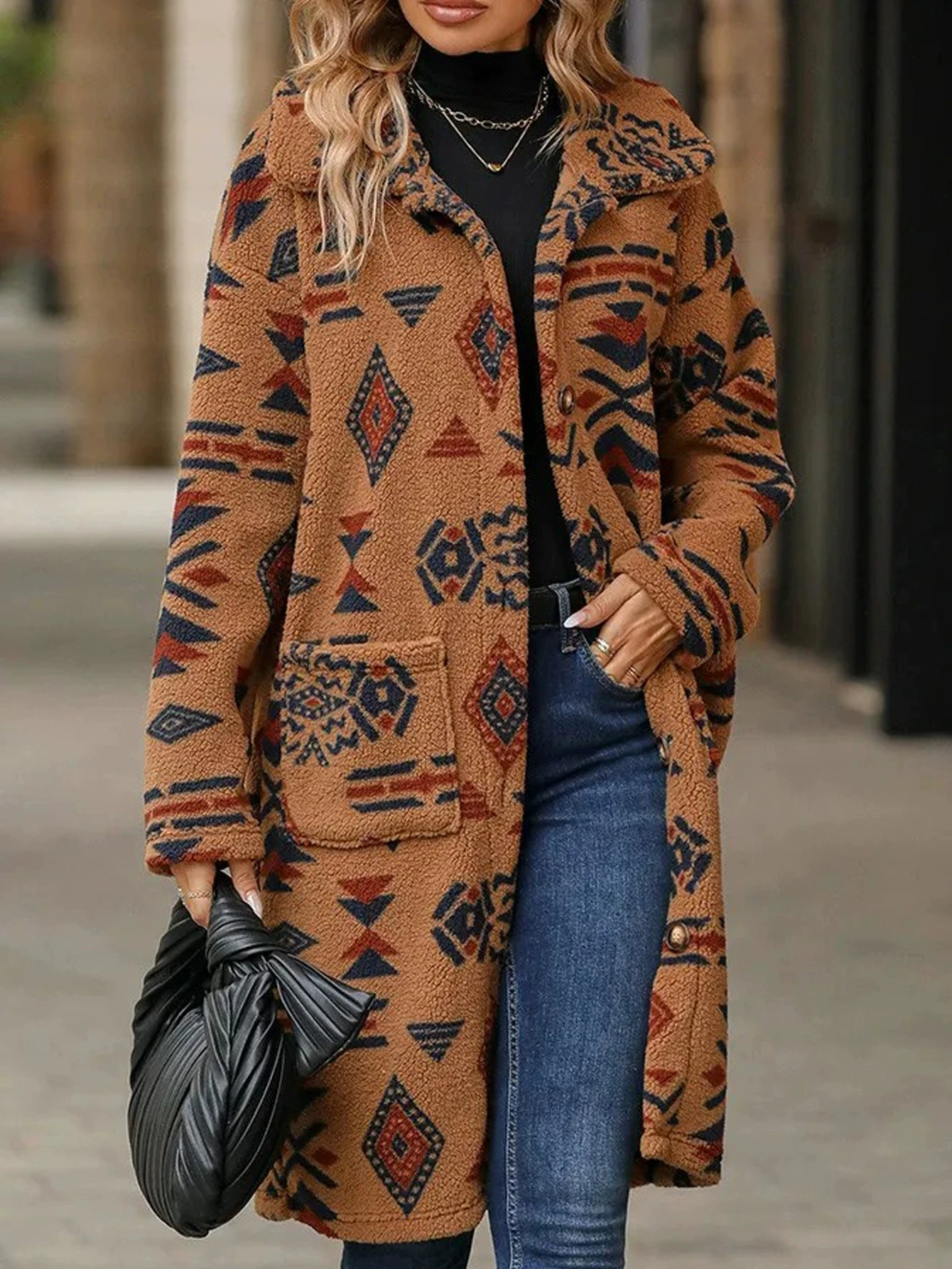 2025 nueva chaqueta de abrigo para mujer estilo europeo americano de un solo pecho con estampado étnico de lana de longitud larga para Otoño Invierno