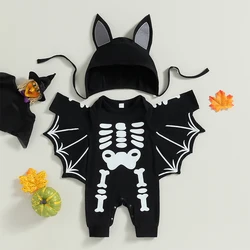 2023-06-18 Lioraitiin 0-24M Baby Boy Girl Halloween Outfit Long Sleeve Crew Neck Skeleton Print Bat Jumpsuit with Hat