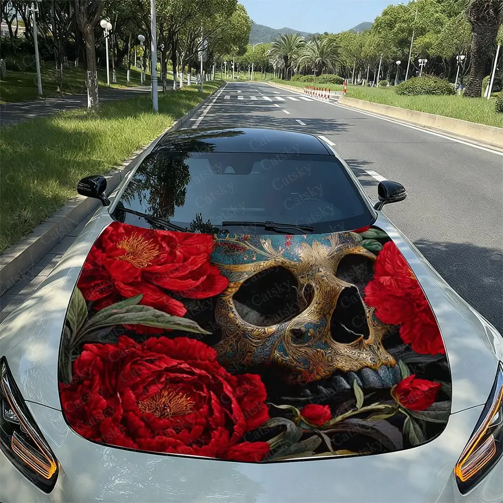 

Red Flowers And Skull Car Engine Hood Sticker-Durable PVC Waterproof Self-adhesive Vinyl Sticker, Easy To Install Protective Cov