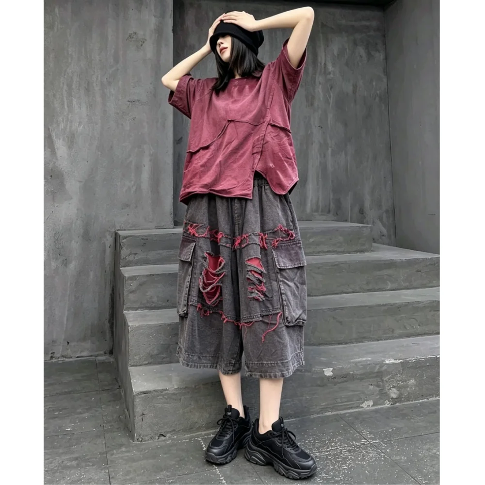 

Distressed T-shirt Irregular Short Sleeves + Mid-length Pants Two-piece Set Women Loose Fashion Suit Summer XY242