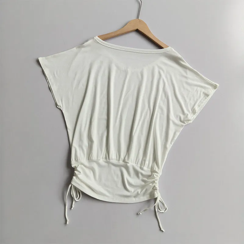 Sommerliches Yoga-T-Shirt mit V-Ausschnitt für Damen, aus Baumwolle, locker geschnitten, figurformend, weich, Sport-T-Shirt, kurzärmeliges Pilates-Shirt, lässiges Fitness-Oberteil. – Detail 8