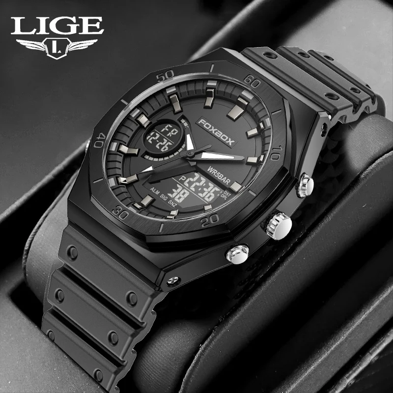 

LIGE Fashion Mens Watch Dual Display Outdoor Sports Quartz Watches LED Luminous Waterproof Business Man Watch Chronograph Clock