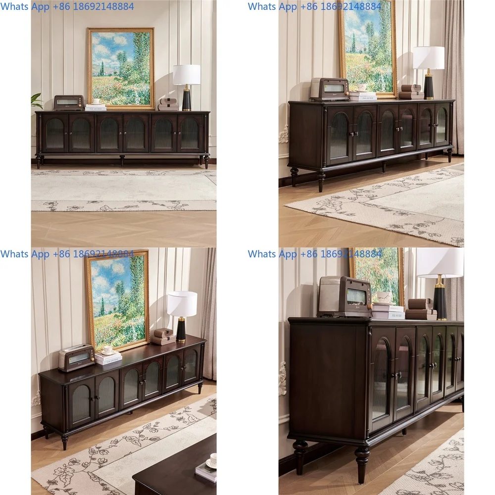 

French Vintage Solid Wood TV Cabinet Living Room 2025 New Black Retro Style Floor Cabinet