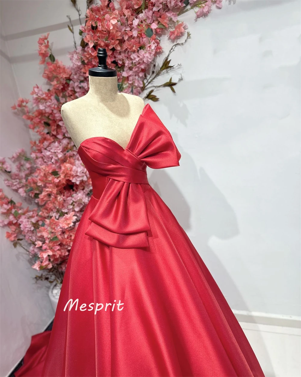 Ball Mesprit Modern Style Formal Evening Strapless A-line Draped Bow Satin Bespoke Occasion Dresses Prom  Saudi Arabia