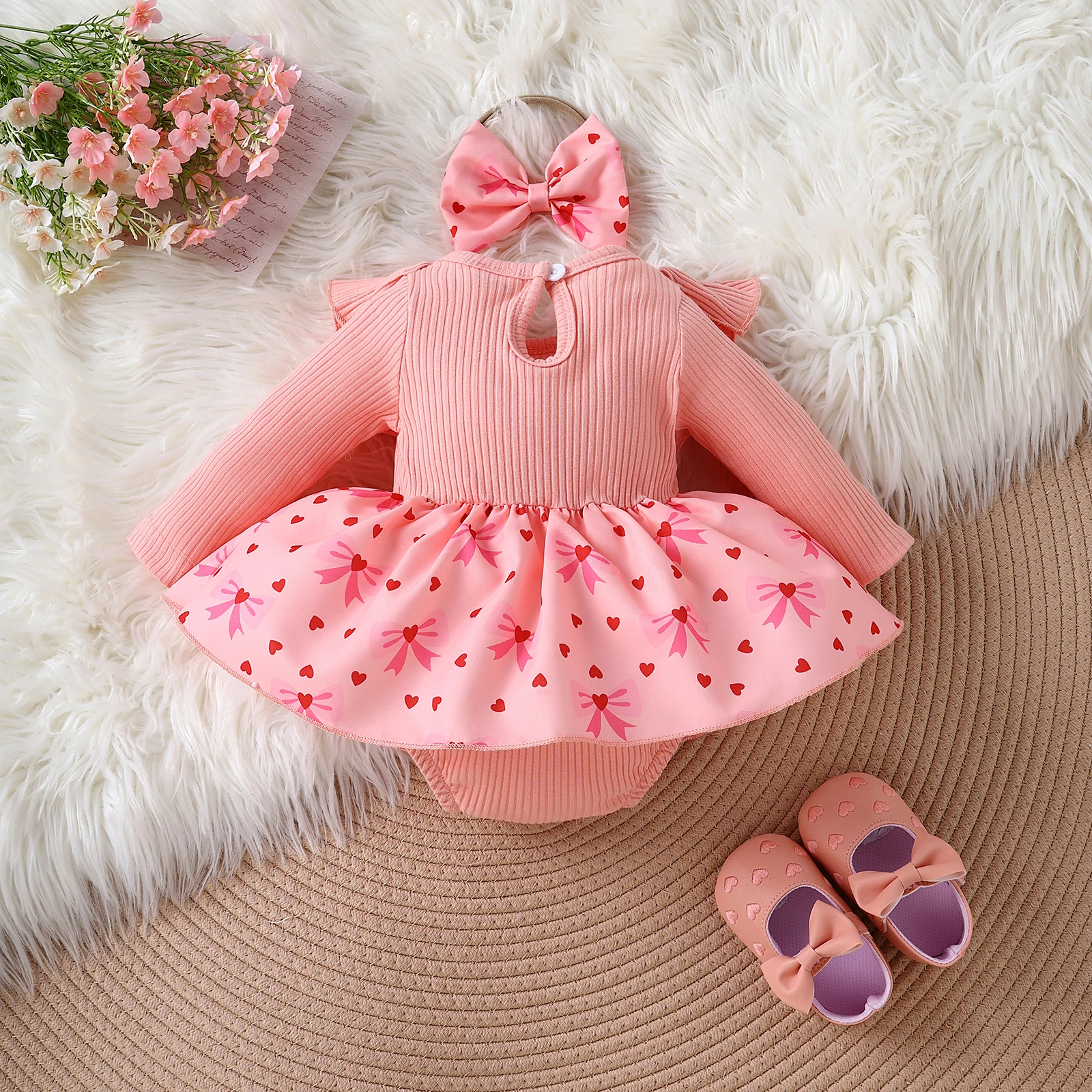 Spring And Autumn New Style Baby Girl, Baby Girl, Sweet And Cute Bow Pattern, Long-Sleeved One-Piece Skirt And Headband