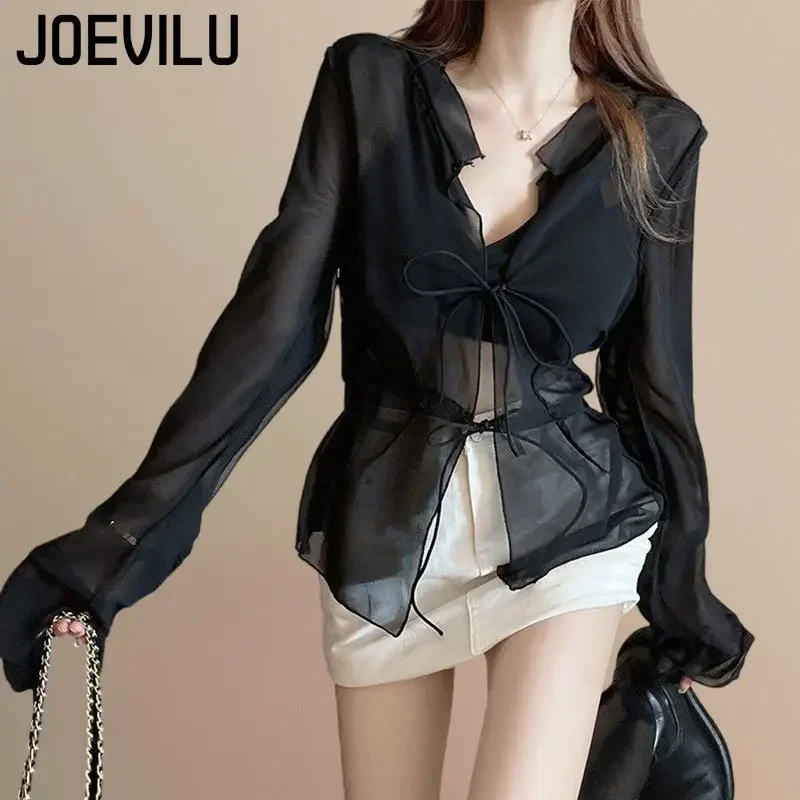 Joevilu Perspectief Vest V-hals Lange Mouwen Chiffon Shirt Vrouwen Dunne Losse Lace-Up Tops Zomer Casual Chic Zonnebrandcrème jas