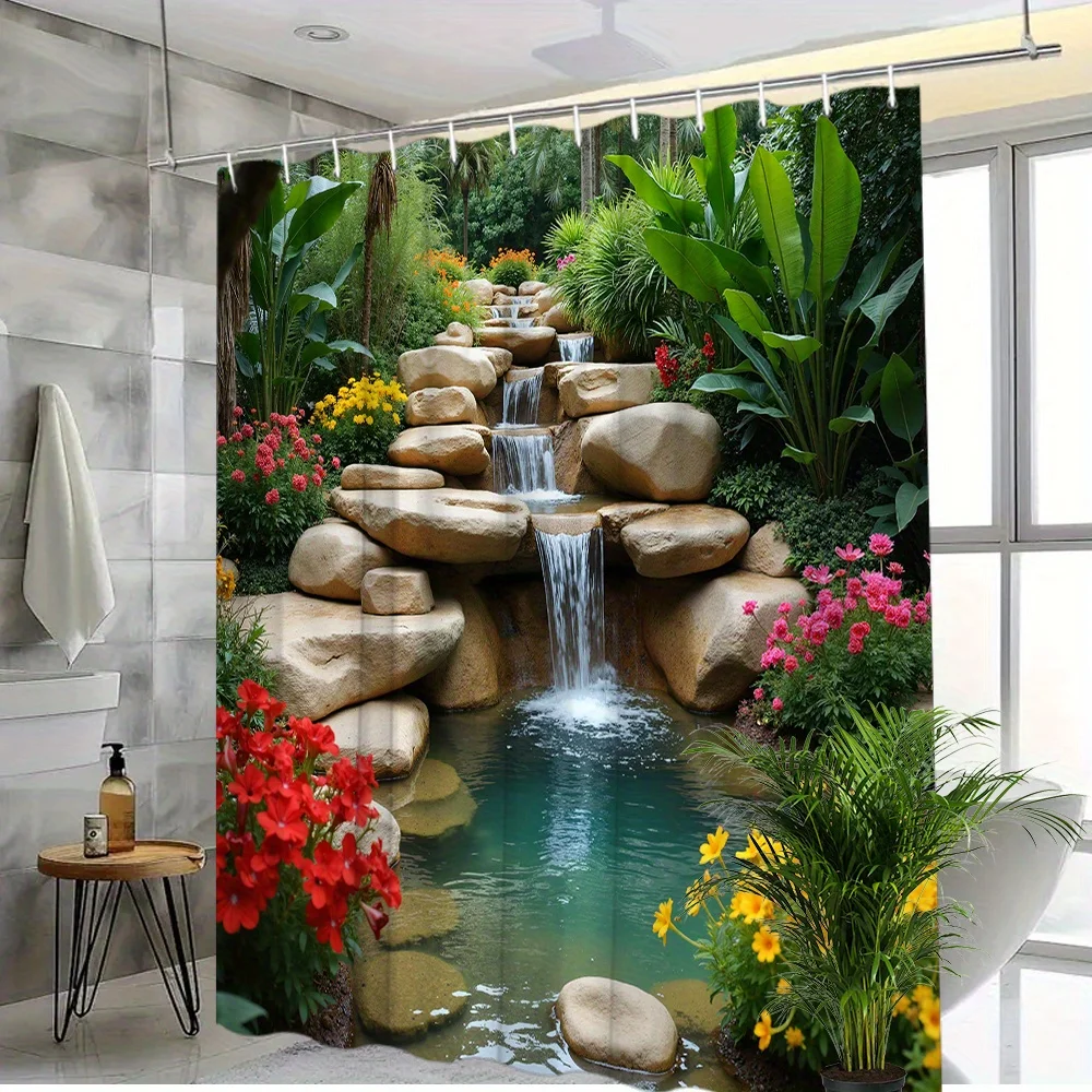 1 Stück Lebendiger Garten-Wasserfall & Bunte Blumen Duschvorhang, Serene Naturlandschaft Design, Polyester Badezimmerdekoration mit 12