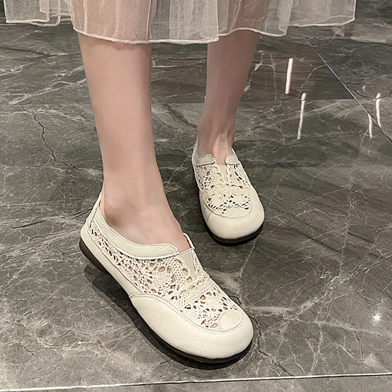 Summer Lace Crochet Loafers Woman Floral Knitted Flats Ladies Breathable Slip-on Mesh Sneakers Retro White Shoes