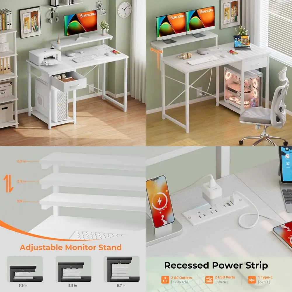 Adjustable Monitor Stand Desk, 47.2 Compact Office Desk with Reversible Shelves and Ample Workspace