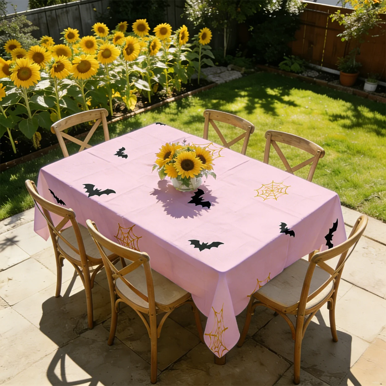 Halloween Rectangle Table Cloth Pink Background Black Bats Golden Spider Web Table Cover for Indoor Outdoor Halloween Decor
