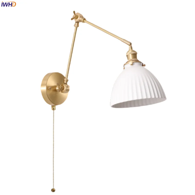 

IWHD Small White Ceramic LED Wall Lamps Bedside Living Room Bathroom Mirror Stair Light Pull Chain Switch Nordic Copper Wandlamp